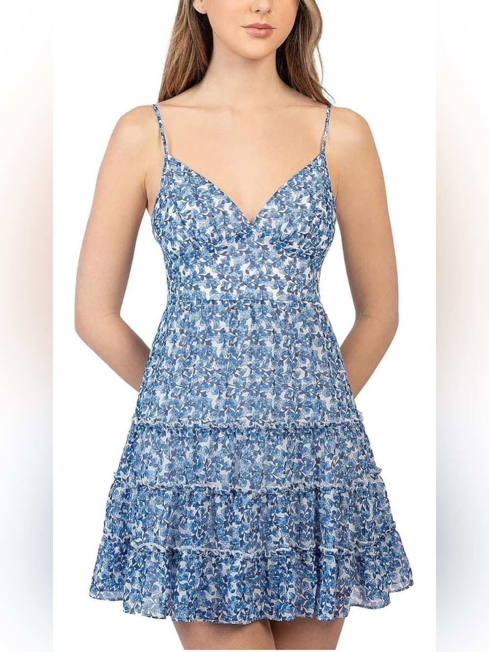 B.Darlin Womens Juniors Floral Print Short Mini Dress, Blue (0179)